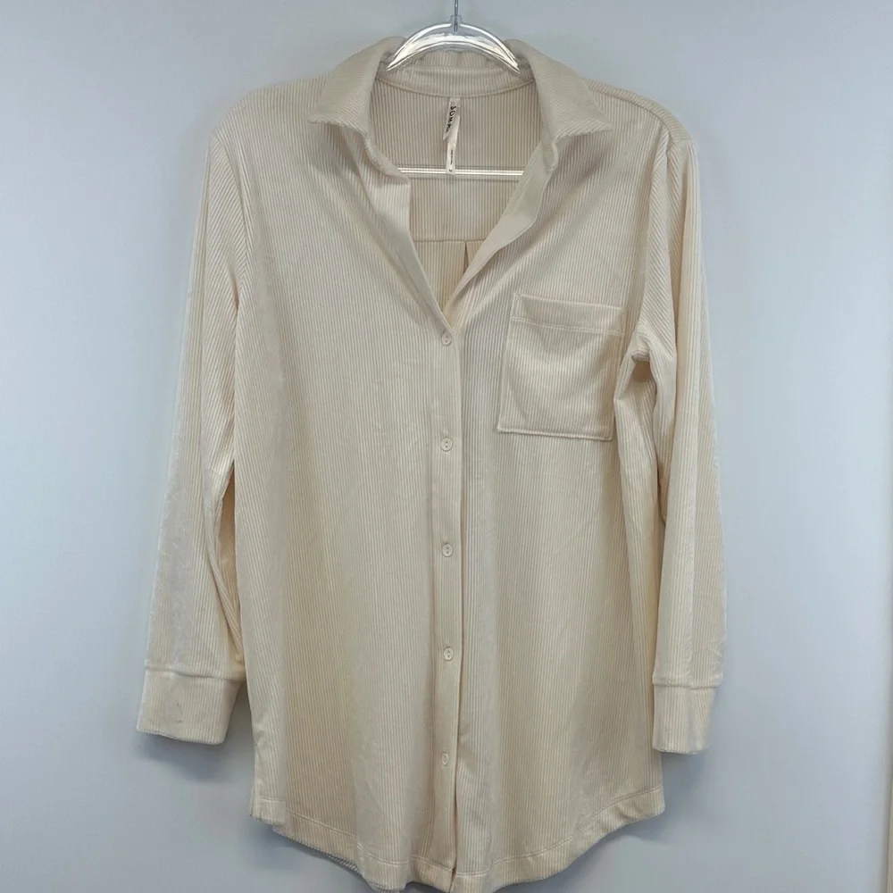 Soma Velvety Rib Pajama Lounge Set M Beige Soft Knit Notch Collar Top Pants